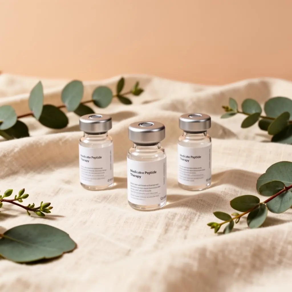Three medical peptide therapy vials arranged on linen with eucalyptus leaves