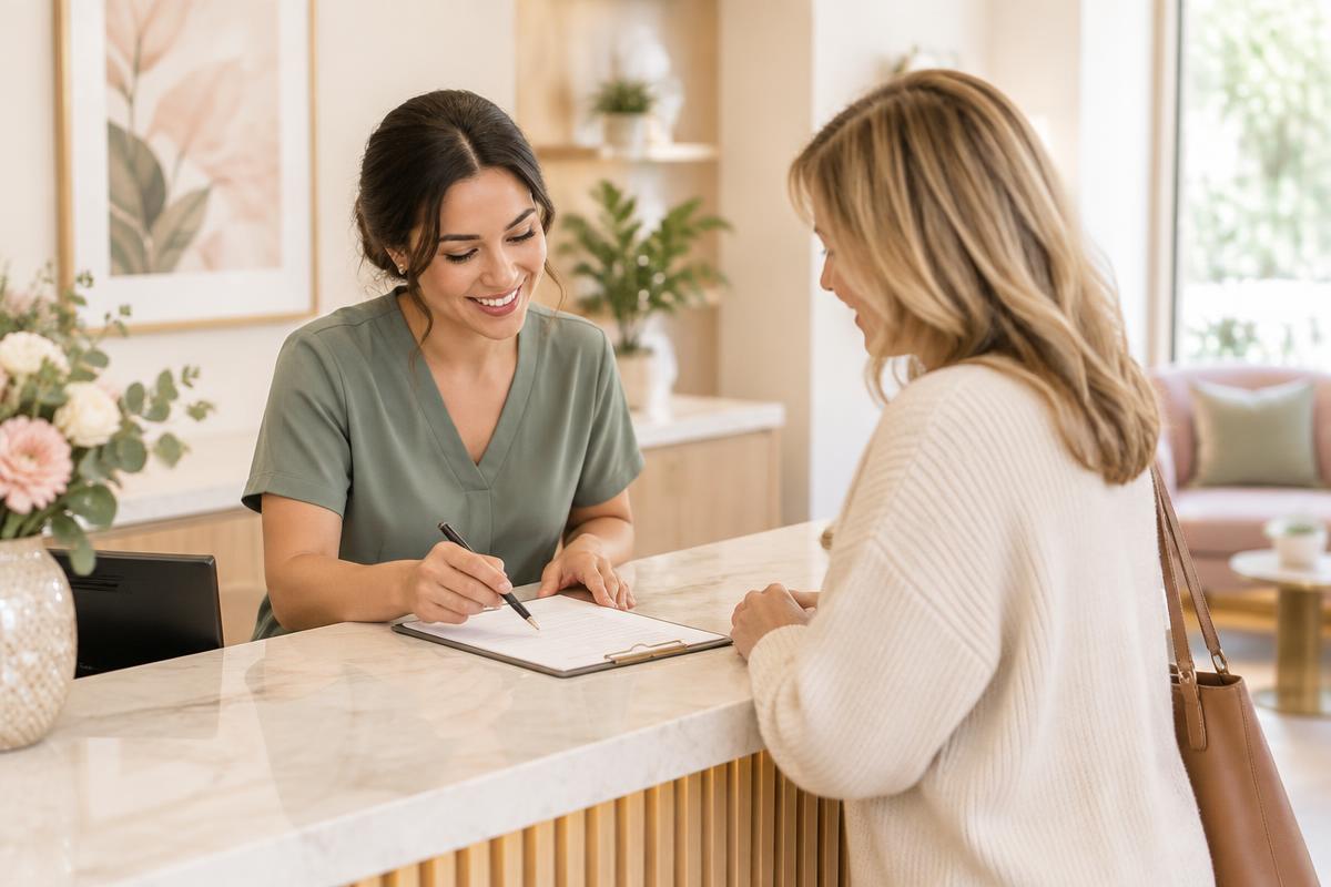 Clinic coordinator helping a patient with paperwork
